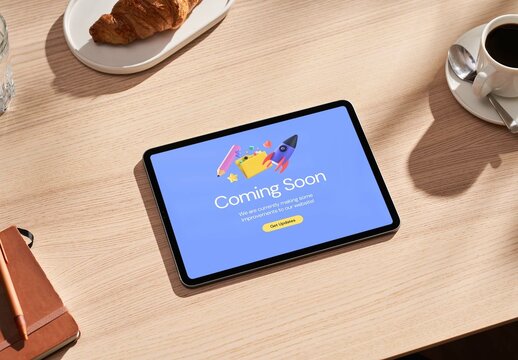 Smart Tablet Mockup on a Wooden Table