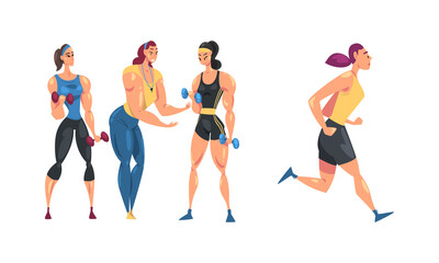 Sportive girls exercising with dumbbells and running cartoon vector illustration