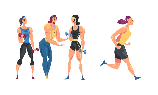 Sportive girls exercising with dumbbells and running cartoon vector illustration