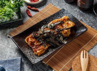 Fragrant Bean Buns in wooden dish isolated mate and grey background top view