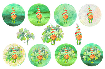 Set of round stickers or keychains with funny watercolor gnomes for St. Patrick's Day