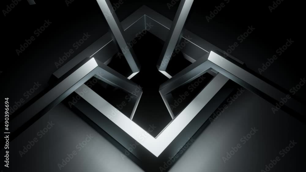 Poster 3d square rings rotate in hole. design. 3d installation with square hole and rings rotating at edges