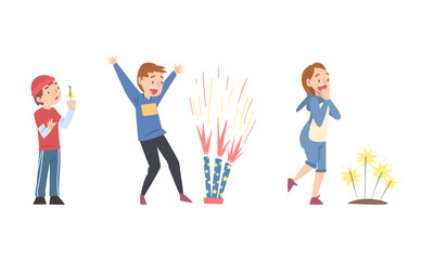 Children celebrating holiday with firecrackers and sparklers set cartoon vector illustration
