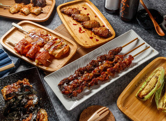 Chicken gizzard, chicken skin, chicken fart, midsection chicken wings, Shiitake mushroom, apricot...