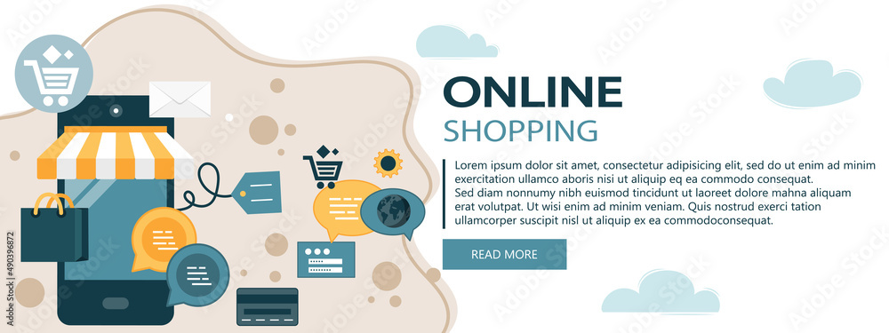 Wall mural on line shopping and payment methods. mobile payments. pay per click and online order. flat vector i