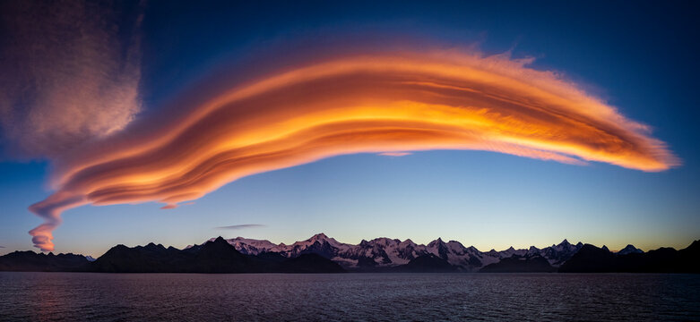 Composite Image, Panoramic of Lenticular cloud in Jason Harbor, South Georgia 