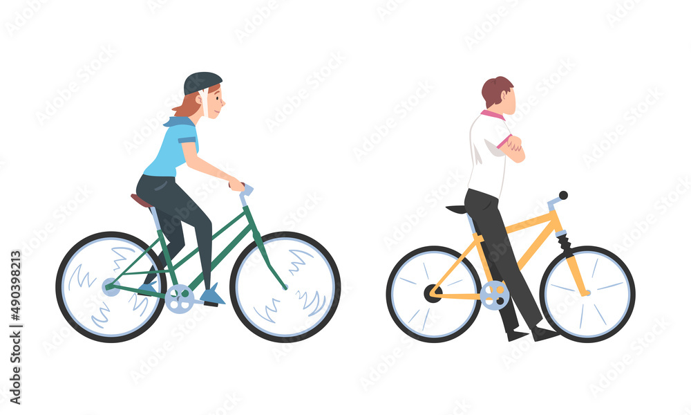 Poster People riding bicycles set. Young man and woman using two wheeled transport cartoon vector illustration