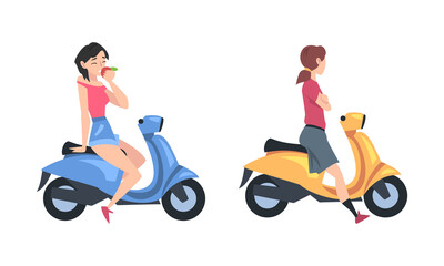 Fototapeta na wymiar Gils in helmets riding motorbikes set cartoon vector illustration on white background