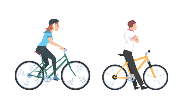 People riding bicycles set. Young man and woman using two wheeled transport cartoon vector illustration