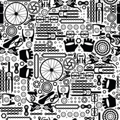 Bicycles.  Seamless pattern. Bicycle parts of bolts, nuts, stars for services, repair shops. Vector  image.