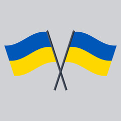 Two Ukraine flags on stick crossed. Vector icon flat design.