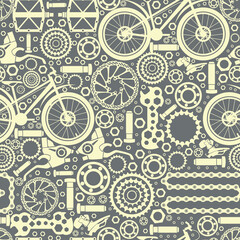 Bicycles.  Seamless pattern. Bicycle parts of bolts, nuts, stars for services, repair shops. Vector  image.