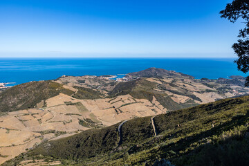 Vue sur le Fort Saint-Elme, le Fort Dugommier et le Fort Béar dominant la mer et la ville de Port-Vendres (Occitanie, France)