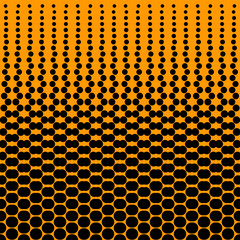 Abstract seamless geometric circle pattern. Mosaic background of black circles. Evenly spaced shapes of different sizes. Vector illustration on orange background