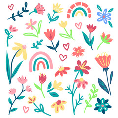 Vector set of decorative floral elements and decorative rainbows