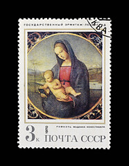 Bakhmut, Ukraine, March, 2022. Postage stampdepicting Raphael's painting Madonna Conestabile.