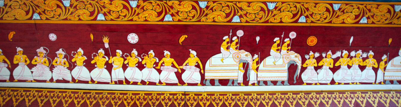 Ancient art of a parade on a wood in Kandy perahara in Tooth Relic Kandy Sri Lanka