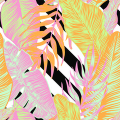 vector seamless stylish trendy tropical patterns with exotic leaves in custom bright colors. Vector lush foliage for stylish pattern surface design