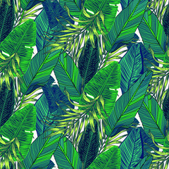 vector seamless stylish trendy tropical patterns with exotic leaves in custom bright colors. Vector lush foliage for stylish pattern surface design