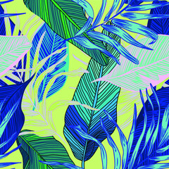 vector seamless stylish trendy tropical patterns with exotic leaves in custom bright colors. Vector lush foliage for stylish pattern surface design