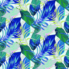 vector seamless stylish trendy tropical patterns with exotic leaves in custom bright colors. Vector lush foliage for stylish pattern surface design