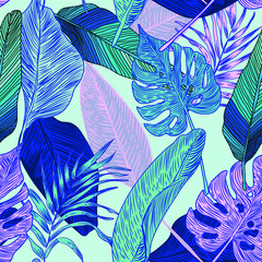 vector seamless stylish trendy tropical patterns with exotic leaves in custom bright colors. Vector lush foliage for stylish pattern surface design