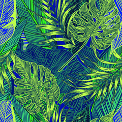 vector seamless stylish trendy tropical patterns with exotic leaves in custom bright colors. Vector lush foliage for stylish pattern surface design