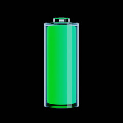 Transparent fully charged battery cell of any type on a black background. 3D render