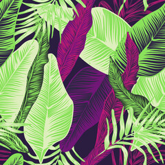 vector seamless stylish trendy tropical patterns with exotic leaves in custom bright colors. Vector lush foliage for stylish pattern surface design
