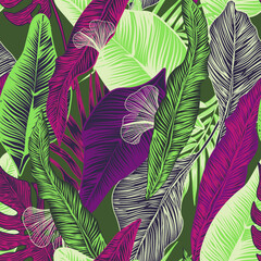 vector seamless stylish trendy tropical patterns with exotic leaves in custom bright colors. Vector lush foliage for stylish pattern surface design