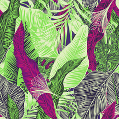 vector seamless stylish trendy tropical patterns with exotic leaves in custom bright colors. Vector lush foliage for stylish pattern surface design