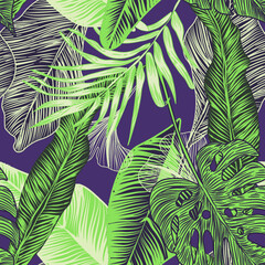 vector seamless stylish trendy tropical patterns with exotic leaves in custom bright colors. Vector lush foliage for stylish pattern surface design