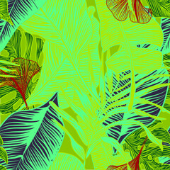 vector seamless stylish trendy tropical patterns with exotic leaves in custom bright colors. Vector lush foliage for stylish pattern surface design