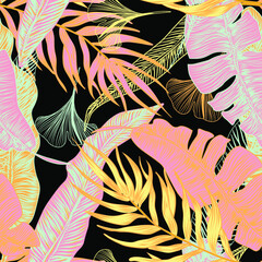 vector seamless stylish trendy tropical patterns with exotic leaves in custom bright colors. Vector lush foliage for stylish pattern surface design