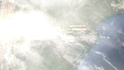 Earth zoom in from outer space to city. Zooming on Posadas, Misiones, Argentina. The animation continues by zoom out through clouds and atmosphere into space. Images from NASA