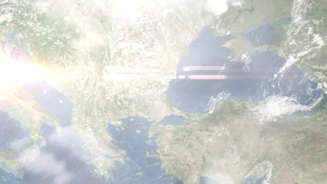 Earth zoom in from outer space to city. Zooming on Burgas, Bulgaria. The animation continues by zoom out through clouds and atmosphere into space. Images from NASA