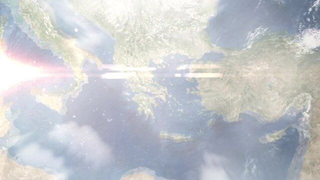 Earth zoom in from outer space to city. Zooming on Chalkis, Greece. The animation continues by zoom out through clouds and atmosphere into space. Images from NASA