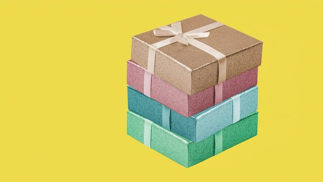 Stack of holiday gift boxes on yellow background, concept of holiday or Christmas sale and gifts, copy space