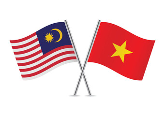 Malaysia and Vietnam crossed flags. Malaysian and Vietnamese flags, isolated on white background. Vector icon set. Vector illustration.
