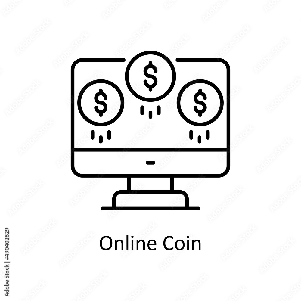 Poster online coin vector outline icon for web isolated on white background eps 10 file