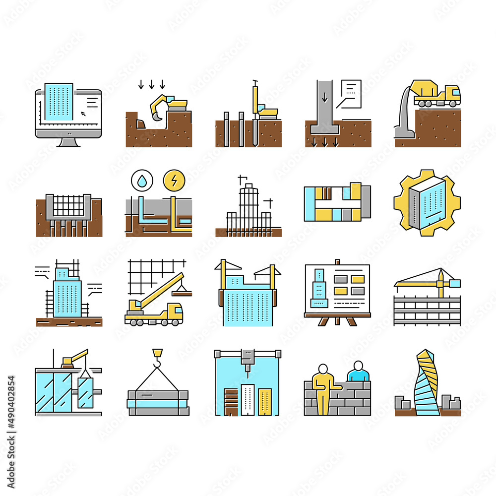 Poster building construction collection icons set vector .