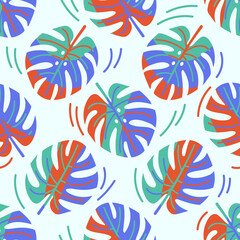 Fototapeta na wymiar Seamless pattern of abstract tropical leaves of monstera. Flat style, exotic leaves in unusual colors. Vector repeating pattern, isolated background.