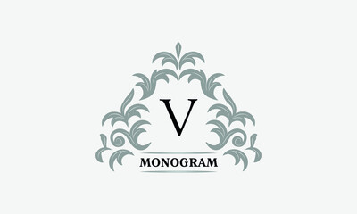 Monogram V. Luxurious floral logo with calligraphic elegant ornament lines. Business sign, identity for restaurant, boutique, cafe, hotel, heraldic, fashion and other vector illustrations