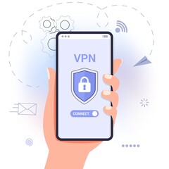 VPN Service Concept Virtual private network App for secure connection Data encryption Remote server Cloud technology Vector illustration Internet service provider Intranet access Cyber security