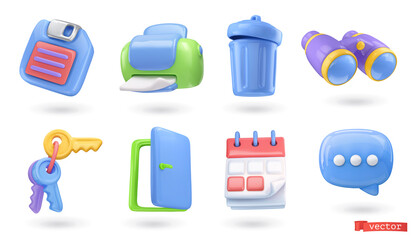 3d icon set. Floppy disk, printer, trash can, binoculars, keys, door, calendar, chat icon. Realistic render vector, glossy plastic objects - 490403424