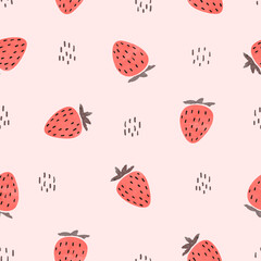 Seamless strawberry pattern. Vector summer background with red berries	 - 490403680