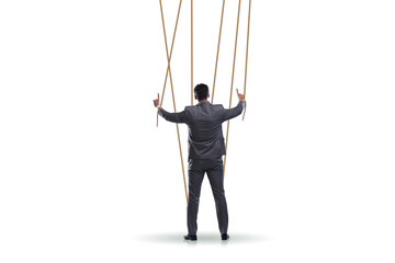 Businessman puppet being manipulated by ropes