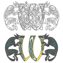 Monogram in the Celtic style with a wolf.