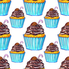 Pattern con muffin al cioccolato, isolato su sfondo bianco
