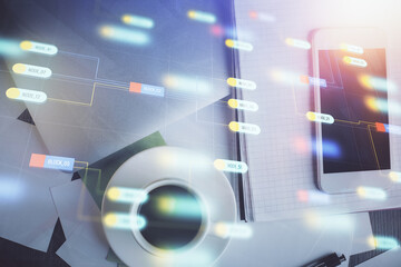 Double exposure of technology theme drawing over work table desktop. Top view. Global data analysis concept.